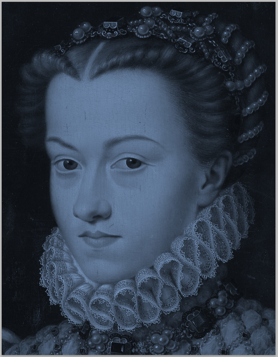 Elizabeth d’Autriche blue (after Francois Clouet), 2024. <br>Acrylic and diamond dust in canvas
62 x 48 inches.
