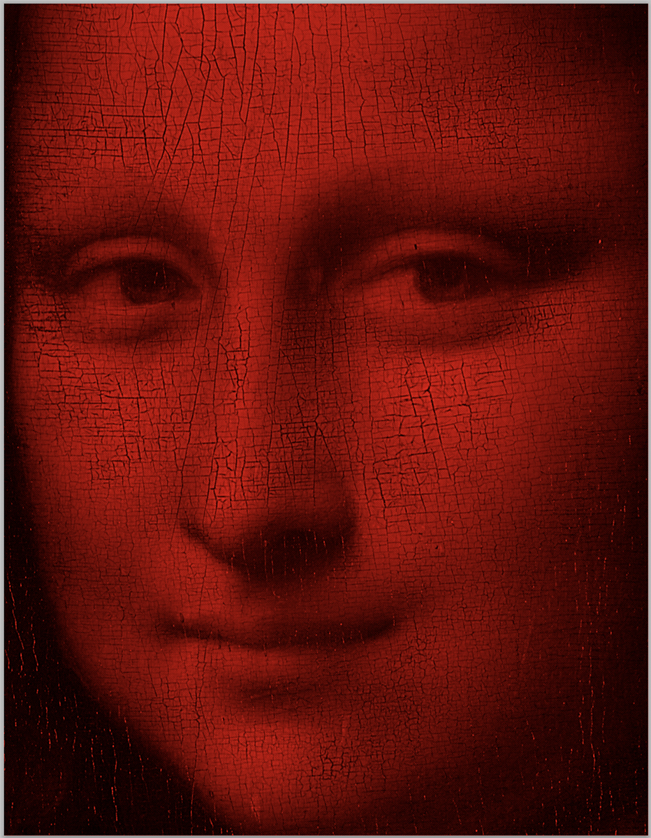 Mona Lisa red (after Leonardo da Vinci), 2023<br>
Acrylic and diamond dust in canvas
62 x 48 inches.
