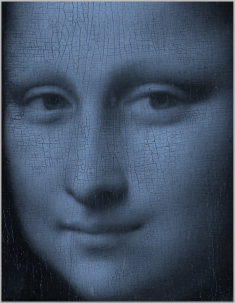 Mona Lisa blue (after Leonardo da Vinci), 2024<br>
Acrylic and diamond dust in canvas
62 x 48 inches.