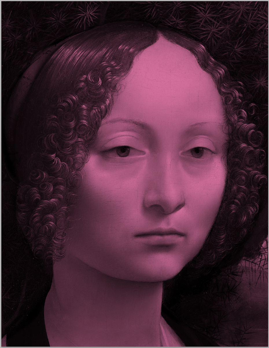 Ginevra de Benci pink(after Leonardo da Vinci) 2024. <br>Acrylic and diamond dust in canvas
62 x 48 inches.