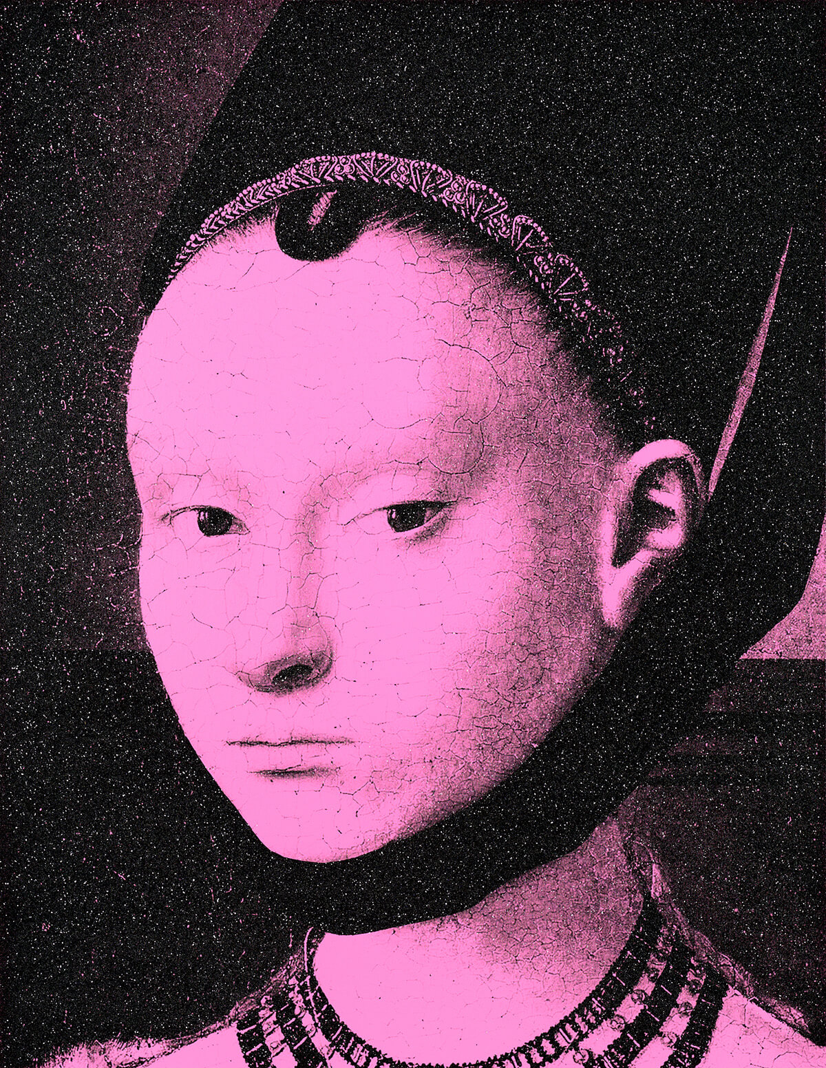 The Young Girl pink (after Petrus Christus), 2023.<br>
Acrylic and diamond dust in canvas
62 x 48 inches.