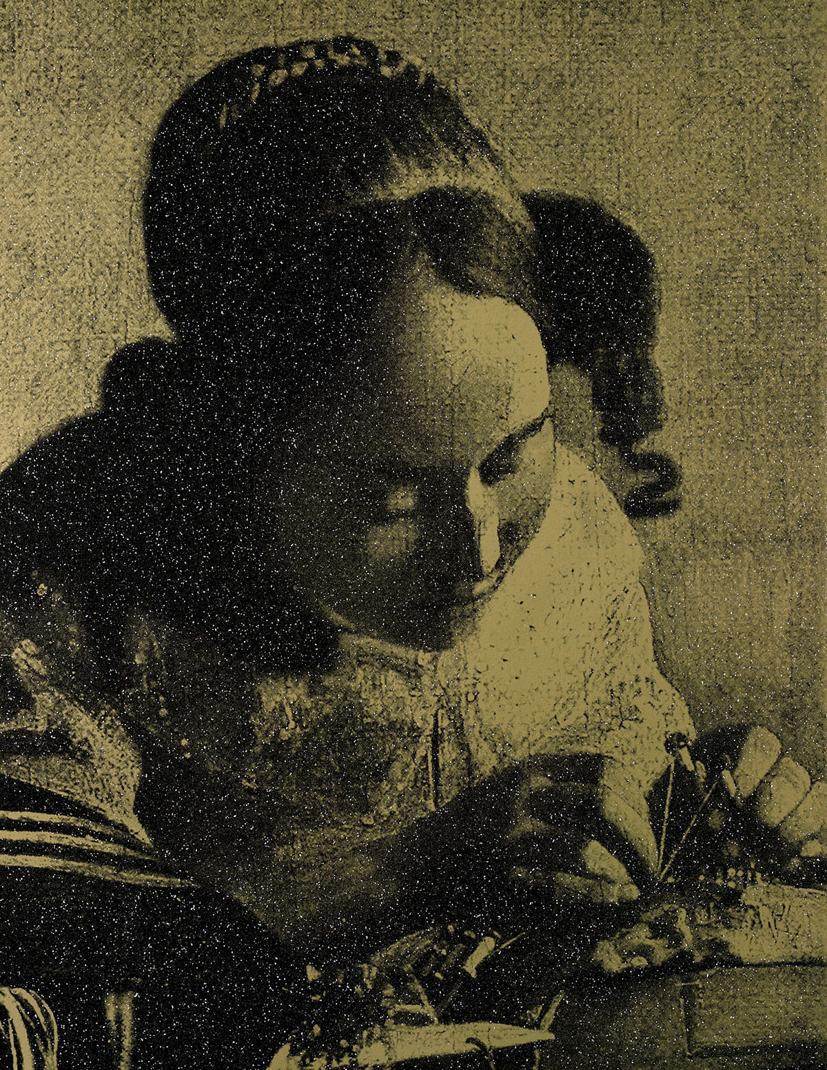 The Lacemaker gold (after Vermeer), 2023.<br>
Acrylic and diamond dust in canvas
62 x 48 inches.